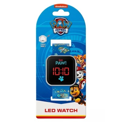 Relógio LED digital da Patrulha Pata com bracelete azul e embalagem azul com personagens