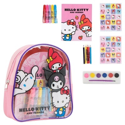 Mochila transparente rosa com personagens Hello Kitty and Friends e material de pintura