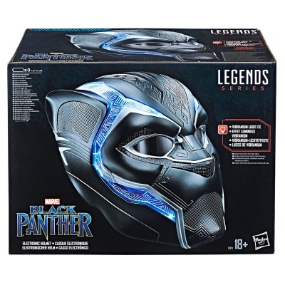 Caixa preta com capacete Black Panther azul e preto, texto Marvel Black Panther e Legends Series