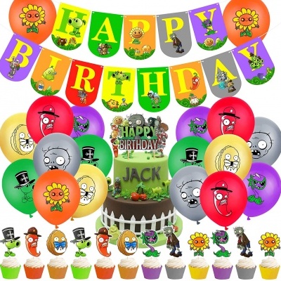 Decoração de festa de aniversário com balões, bolo e copos de cupcake coloridos com personagens cartoons