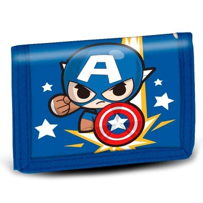 Carteira azul com personagem Captain America em estilo cartoon e escudo colorido