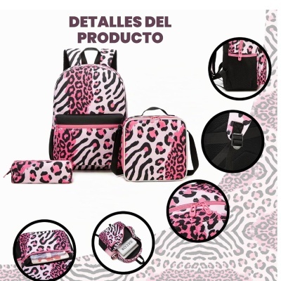 Conjunto mochila, lancheira e estojo padrão animal rosa e preto