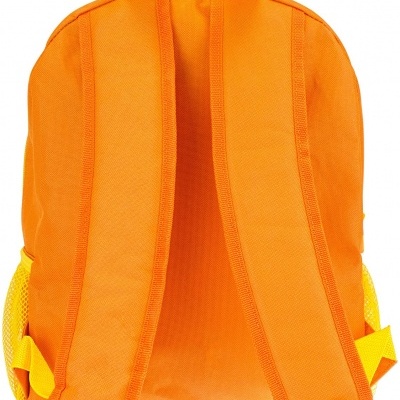 Mochila laranja com alças amarelas vista de trás