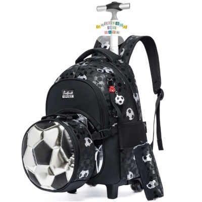 Mochila escolar trolley preta com padrão de bolas de futebol e bolso frontal redondo prateado em forma de bola
