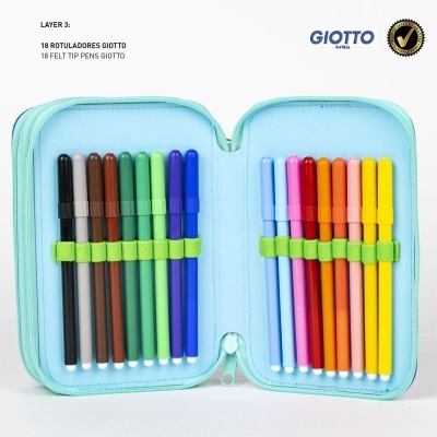 Estojo azul claro aberto com 18 marcadores de feltro coloridos GIOTTO