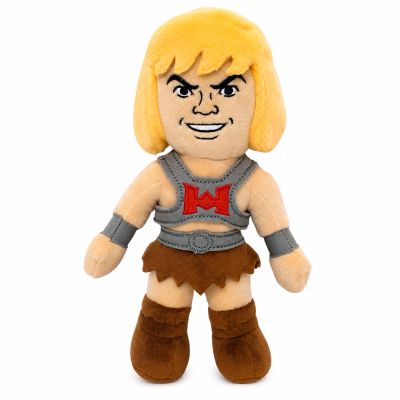 Boneco de peluche com cabelo amarelo e roupa castanha e cinzenta com símbolo vermelho