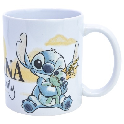 Caneca branca com ilustração Stitch e Scrump e texto 'LANA family'