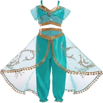 Fato de princesa azul-turquesa com detalhes dourados e saia transparente decorada