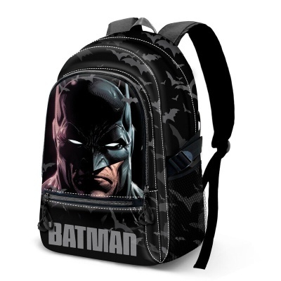 Mochila preta com imagem do Batman e morcegos pretos e cinzentos