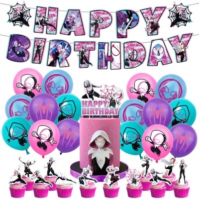 Decoração de aniversário tema Mulher-Aranha com balões, letras e cupcakes.