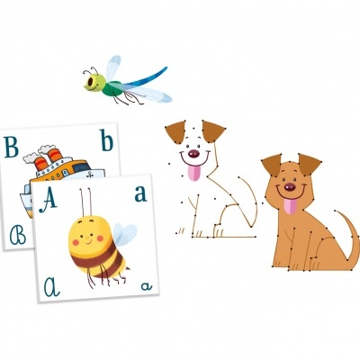 Cartões educativos infantis com desenhos e letras, além de cães animados e inseto voador