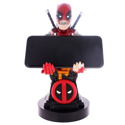 Suporte de telemóvel Deadpool em resina vermelho e preto com base redonda.