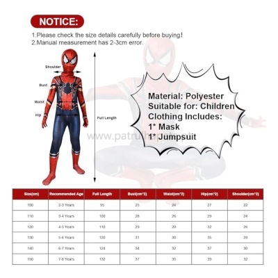 Fato de pijama Homem-Aranha vermelho e azul para crianças com máscara e tabela de tamanhos