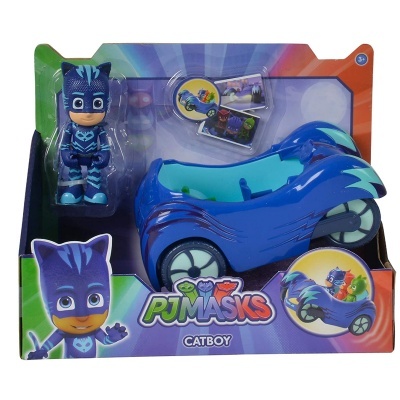 Brinquedo figura Catboy azul com veículo azul PJ Masks na embalagem