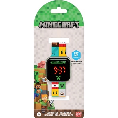Relógio de pulso LED Minecraft com bracelete branca e personagens, visor digital preto e embalagem temática