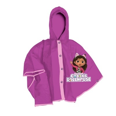 Capa de chuva roxa com personagem animado e texto Gabby's Dollhouse