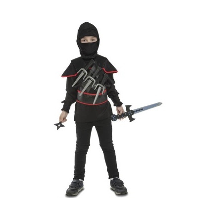 Roupa de criança ninja preta com acessórios vermelhos e espada de brinquedo