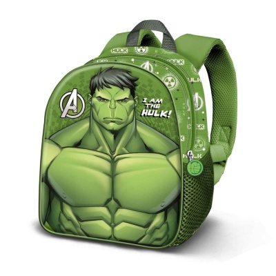 Mochila infantil verde com estampa do Hulk e texto 'I AM THE HULK!'