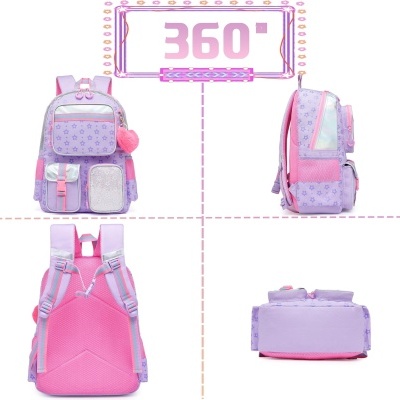 Mochila rosa e lilás com padrões de estrelas e flores vista de vários ângulos