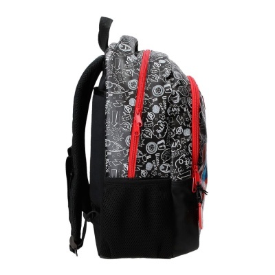Mochila preta com padrão branco dos Avengers e fechos vermelhos