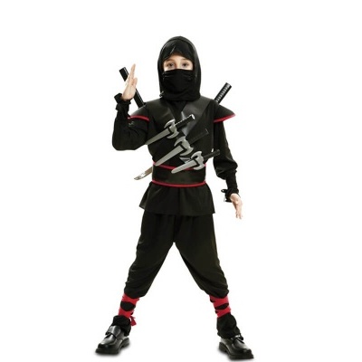 Fato de ninja infantil preto com detalhes vermelhos e espadas decorativas