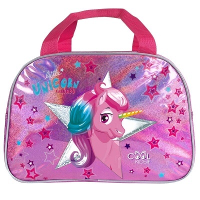 Bolsa infantil rosa com unicórnio e estrelas