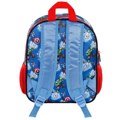 Mochila azul com padrão dos Avengers e alças vermelhas