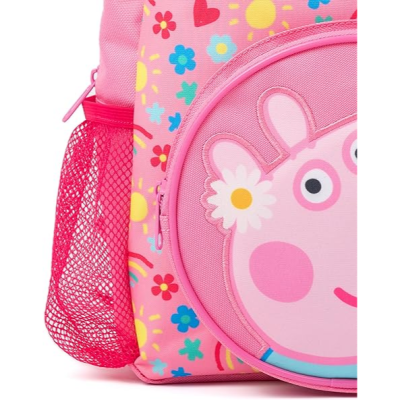 Mochila rosa infantil com flores coloridas e personagem Peppa Pig