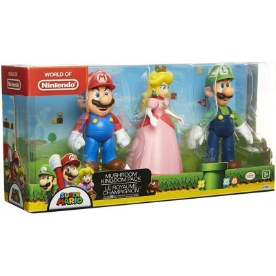Conjunto de figuras Super Mario na embalagem com Mario, Princesa Peach e Luigi