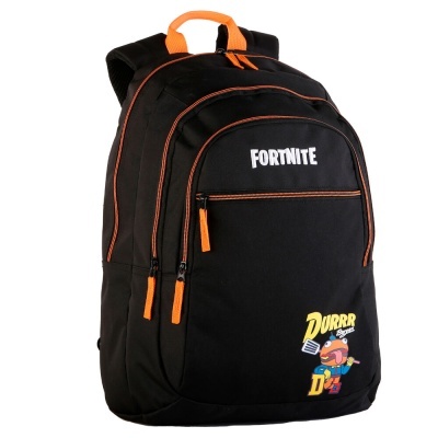Mochila preta com detalhes laranja e estampas Fortnite e Durrr Burger