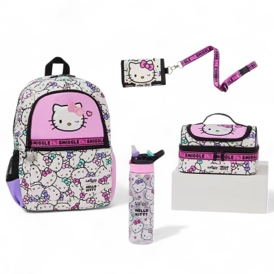 Conjunto Hello Kitty com mochila, carteira, caixa e garrafa rosa e branca com padrão e texto