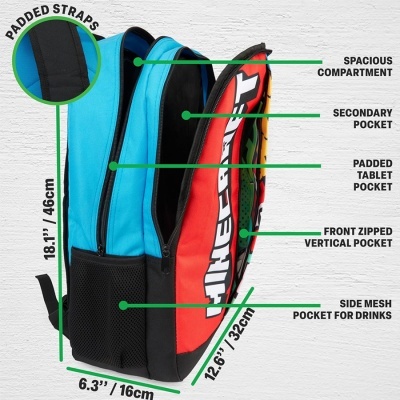 Mochila azul vermelha com vários bolsos e alças acolchoadas