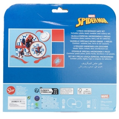 Conjunto de cinco peças para micro-ondas Marvel Spider-Man em embalagem azul com imagem do Homem-Aranha