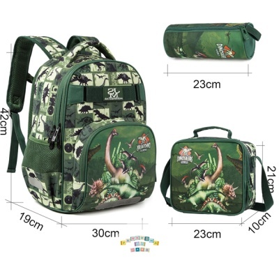 Conjunto de mochila, estojo e lancheira com padrão de dinossauros verde e bege