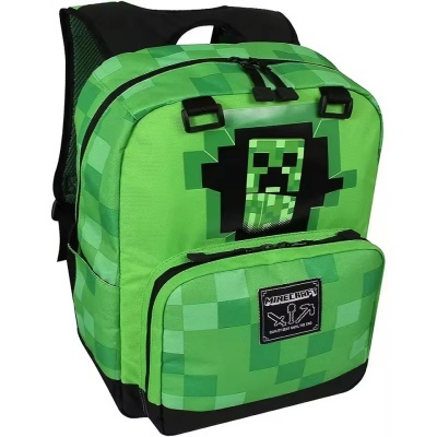 Mochila verde pixelada com personagem Minecraft e fecho preto