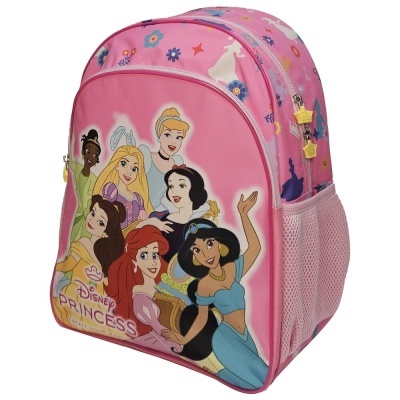 Mochila rosa com Princesas Disney estampadas e bolso lateral em rede