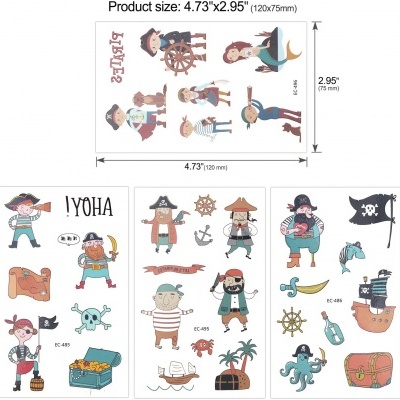 Tatuagens temporárias coloridas com tema pirata em várias imagens