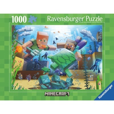 Quebra-cabeças Ravensburger Minecraft 1000 peças em caixa verde.