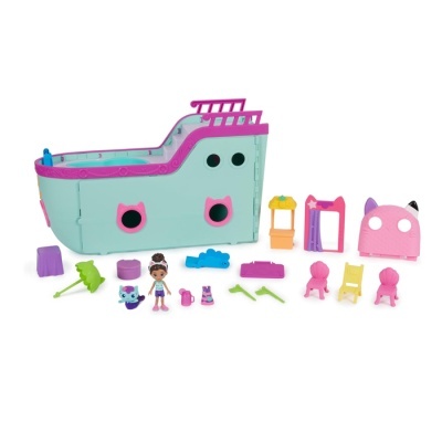 Brinquedo de parque aquático com barco azul claro e rosa e figuras pequenas com acessórios