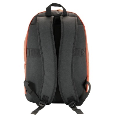 Mochila preta com laterais laranja vista por trás