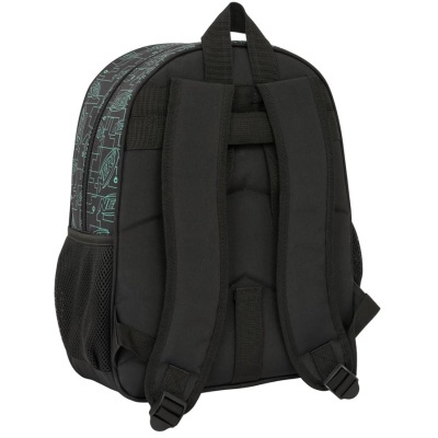 Mochila preta com alças acolchoadas e padrão gráfico verde