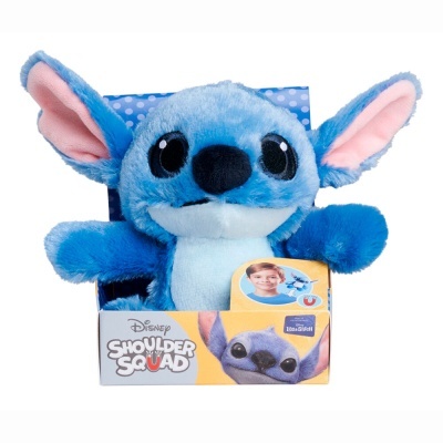 Pelúcia azul do Stitch da Disney em caixa com design amarelo e branco