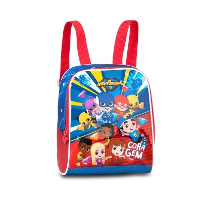 Mochila infantil colorida com personagens de desenho animado e texto CORAGEM