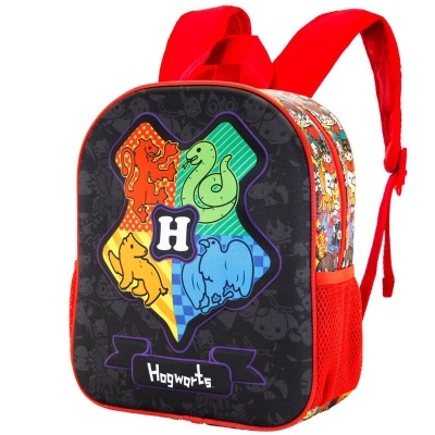 Mochila infantil preta e vermelha com estampa Harry Potter e texto Hogwarts