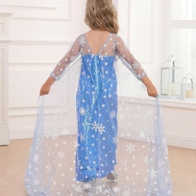 menina de costas com vestido azul e capa de tule com flocos de neve