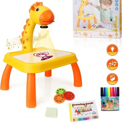 Mesa de desenho infantil amarela e laranja em forma de girafa com acessórios e embalagem