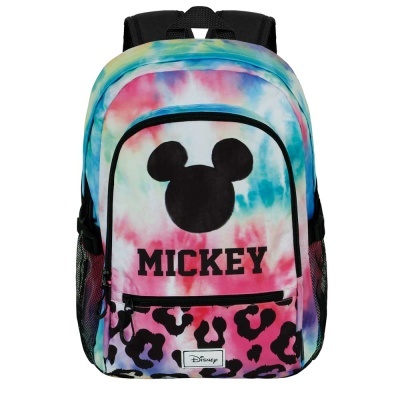 Mochila colorida com estampa de Mickey Mouse e padrão tie-dye
