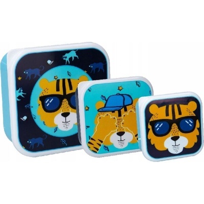 Três caixas de plástico com tampas decoradas com tigres e fundo azul