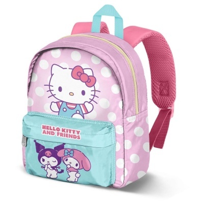 Mochila rosa com bolinhas brancas e personagens Hello Kitty e amigos