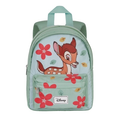 Mochila infantil verde claro com Bambi e flores vermelhas